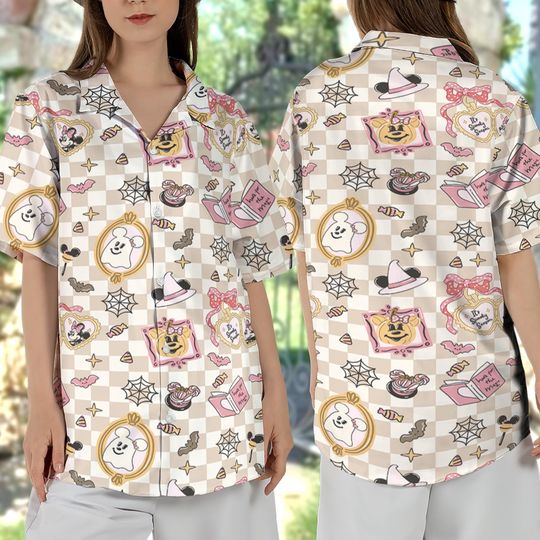Discover Retro Checkered Minnie Boo Ghost Pumpkin Hawaiian Shirt, Spooky Disney Coquette Bow Hawaii Shirt, Trick Or Treat, Disneyland Halloween Party