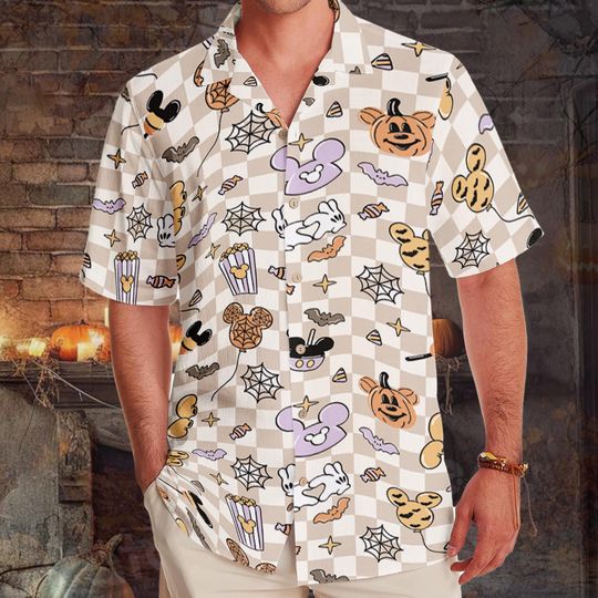Discover Vintage Checkered Disney Halloween Hawaiian Shirt, Spooky Mickey Pumpkin Balloons Hawaii Shirt, Trick Or Treat, Disneyland Halloween Party