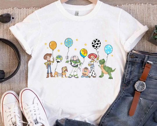 Discover Disney Watercolor Toy Story Characters Shirt, Disney Pixar Woody Jessie Buzz Slinky Rex Balloon Shirt, Disneyland Vacation Family Outfits