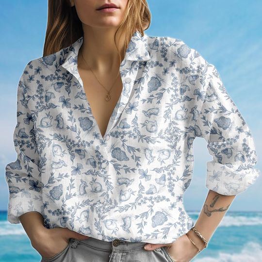 Cottagecore Forest Animal Blouse, Bunny Mushroom Shirt, Whimsical Nature shirt, Elegant Women Button Shirt, Gift for Her
