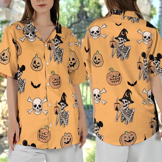 Discover Vintage Disney Skeleton Pumpkin Halloween Hawaii Shirt, Spooky Disney Hawaiian Shirt, Trick Or Treat, Disneyland Halloween Party Outfit