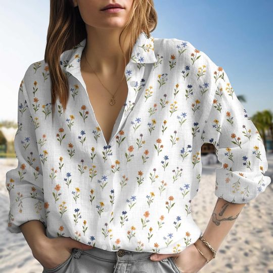 Wildflower Blouse Shirt for Women, Floral Button Down Blouse, Cottagecore Summer Top, Garden lovers shirt, Gift for her