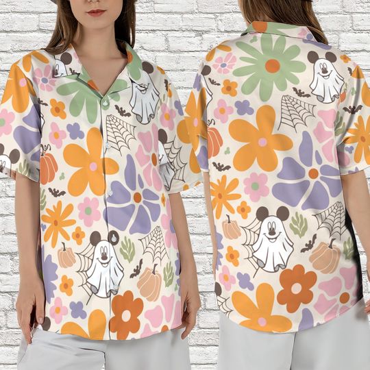 Discover Vintage Disney Floral Mickey Ghost Hawaiian Shirt, Halloween Pumpkin Fall Boho Hawaii Shirt, Spooky Disney Outfit, Disneyland Fall Trip