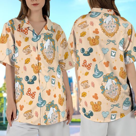 Discover Disney Castle Coquette Bow Hawaiian Shirt, Magic Kingdom Fall Vibes Hawaii Shirt, Mickey Pumpkin Outfit, Disneyland Halloween Family Trip