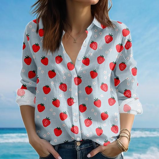 Strawberry Blouse Shirt, Cute Fruit Summer Shirt, Sweet Picnic Shirt, Family Vacation Trip Shirt, Funny Casual Shirt, Gift For Her