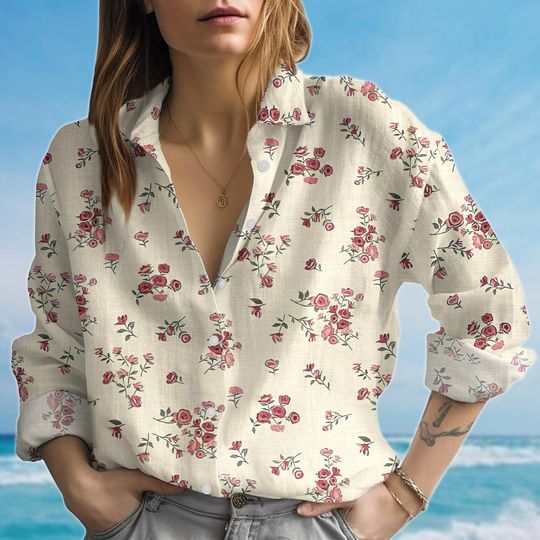Rose Floral Blouse Shirt For Women, Vintage Button Down Shirt, Romantic Summer Garden Shirt