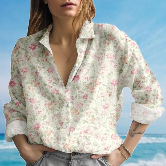 Discover Pastel Floral Blouse Shirt, Soft Pink Flower Women Shirt, Cottagecore Casual Shirt, Family Vacation Beach Shirt, Gift For Her