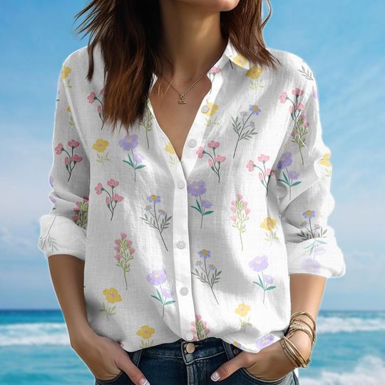 Floral Blouse Shirt, Flower Women Shirt, Long Sleeve Shirt, Spring Garden Casual Shirt, Birthday Gift