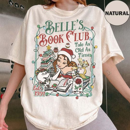 Discover Disney Beauty and The Beast Belle Princess Christmas T-shirt,  Belle's Book Club 1991 Christmas Shirt, Tale as old as time Christmas shirt