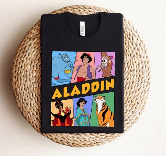 Discover Disney Aladdin Retro 90s Group Characters Shirt, Disneyland Trip Family Matching Shirt, Walt Disney World Tee, Animal Kingdom