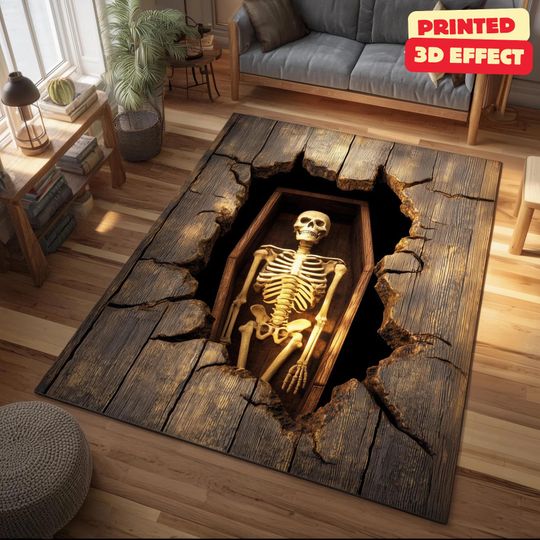 Discover Skeleton Stairwell Rug, 3D Illusion Halloween Area Rug, 3D Skeleton Halloween Rug, Spooky Stairs Illusion Carpet, Gothic Halloween Area Rug
