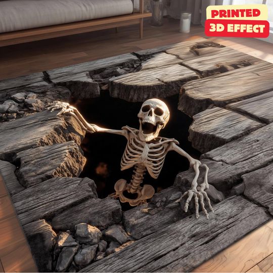 Discover Skeleton Stairwell Rug, 3D Illusion Halloween Area Rug, 3D Skeleton Halloween Rug, Spooky Stairs Illusion Carpet, Gothic Halloween Area Rug