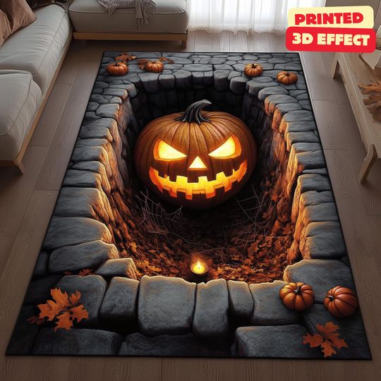Discover Jack-O-Lantern 3D Rug, Halloween Area Rug, Pumpkin Vortex 3D Illusion Rug, Halloween Pumpkin Area Rug, Printed 3D Effect, Non-Slip Plush