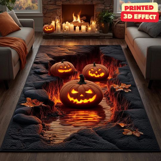 Discover Jack-O-Lantern 3D Rug, Halloween Area Rug, Pumpkin Vortex 3D Illusion Rug, Halloween Pumpkin Area Rug, Printed 3D Effect, Non-Slip Plush