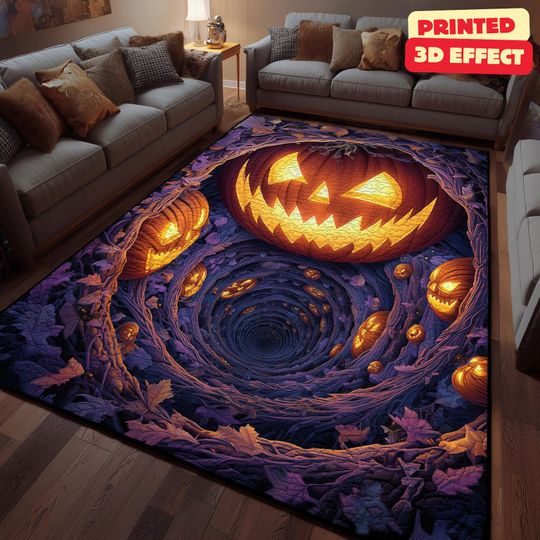 Discover Jack-O-Lantern 3D Rug, Halloween Area Rug, Pumpkin Vortex 3D Illusion Rug, Halloween Pumpkin Area Rug, Printed 3D Effect, Non-Slip Plush