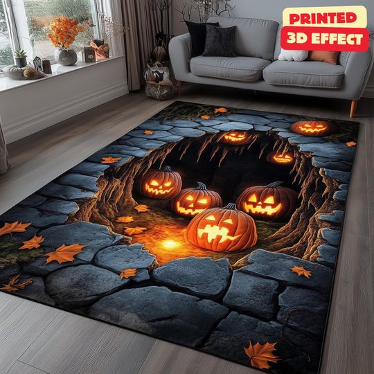 Discover Jack-O-Lantern 3D Rug, Halloween Area Rug, Pumpkin Vortex 3D Illusion Rug, Halloween Pumpkin Area Rug, Printed 3D Effect, Non-Slip Plush