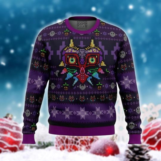 Discover Pixel Mask Holiday Jumper, Purple Retro Knitwear, Unisex Xmas Pullover