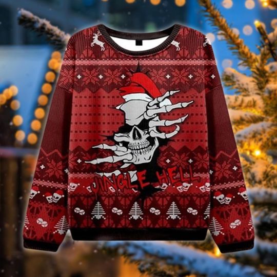 Discover Jingle Hell Ugly Christmas Sweater, Metal Skull Holiday Sweatshirt