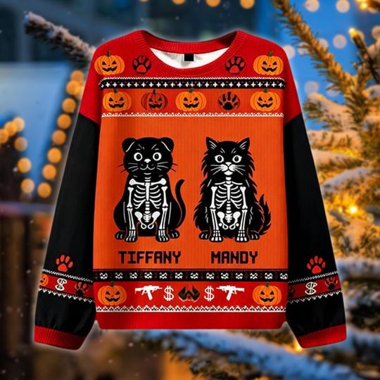 Discover Personalized Black Cat Skeleton Ugly Holiday Sweater, Halloween Christmas Crewneck