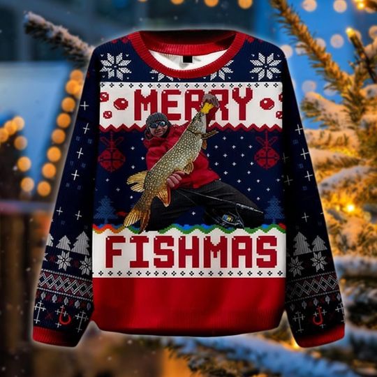 Merry Fishmas Ugly Christmas Sweater, Funny Fishing Holiday Sweatshirt