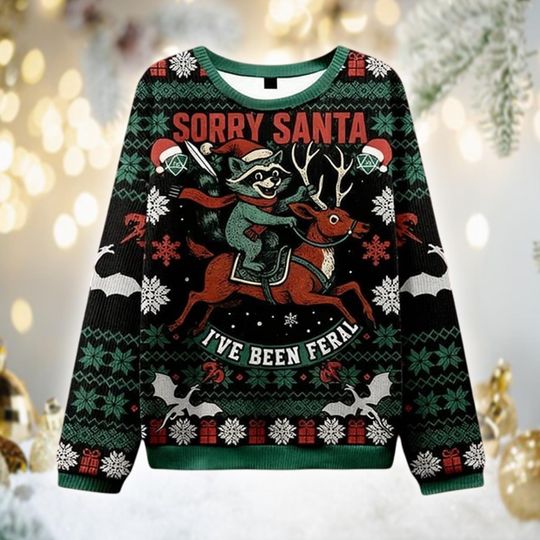 Discover Sorry Santa I've Been Feral Ugly Christmas Sweater, Raccoon Reindeer Funny Xmas Gift