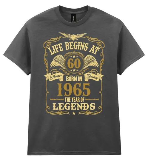 Discover 1965 Mens 60th Birthday T-Shirt Legends Born in 1965 Gold Text