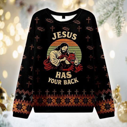 Discover Jesus Has Your Back Ugly Christmas Sweater, Retro Christian Holiday Gift