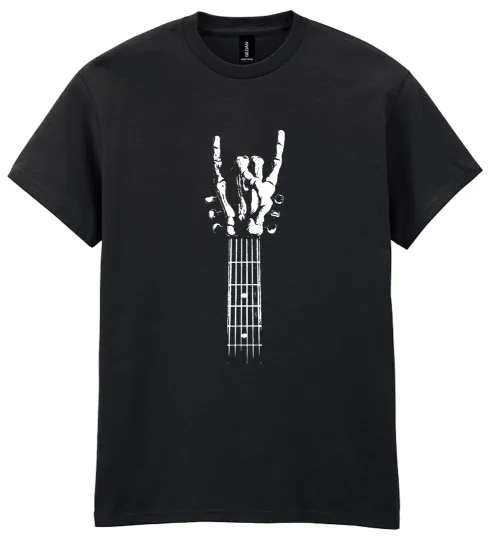 Discover Rock Hand Guitar Skeleton T-Shirt Heavy Metal Thrash Music Goth Clothing