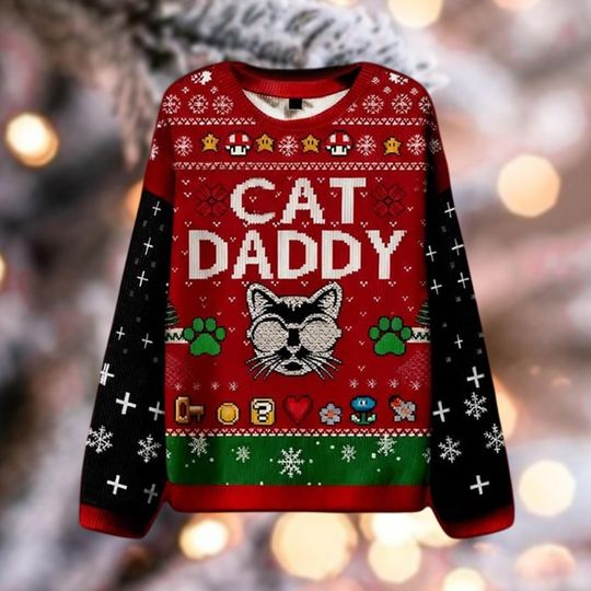 Discover Cat Daddy Ugly Christmas Sweater, Funny Pet Lover Pixel Game Xmas Sweatshirt, Gift for Dad, Holiday Crewneck, Cat Owner Present