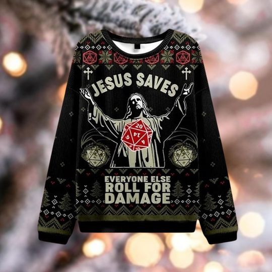 Jesus Saves Roll for Damage Sweater, Funny Christian D20 Xmas Sweatshirt