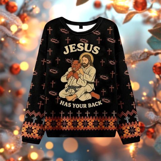 Ugly Christmas Sweater Jesus Has Your Back, Christian Jiu Jitsu Funny Xmas Sweatshirt