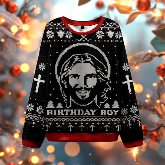 Discover Jesus Birthday Boy Ugly Christmas Sweater, Funny Christian Sweatshirt, Religious Xmas Gift, Catholic Holiday Jumper Crewneck