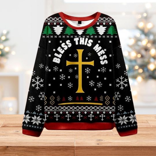 Discover Bless This Mess Cross Ugly Christmas Sweater, Christian Faith Holiday Sweatshirt, Catholic Xmas Jumper, Secret Santa Gift Idea