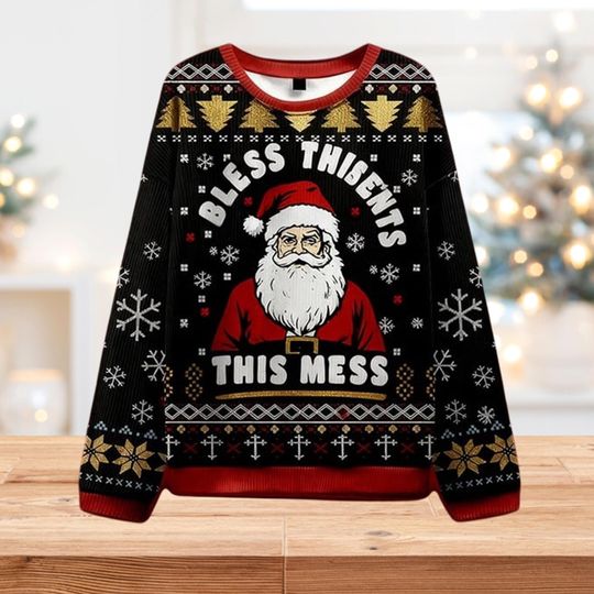 Discover Bless This Mess Santa Ugly Christmas Sweater, Funny Sweatshirt, Holiday Party Jumper, Xmas Gift Crewneck, Secret Santa Gift Idea