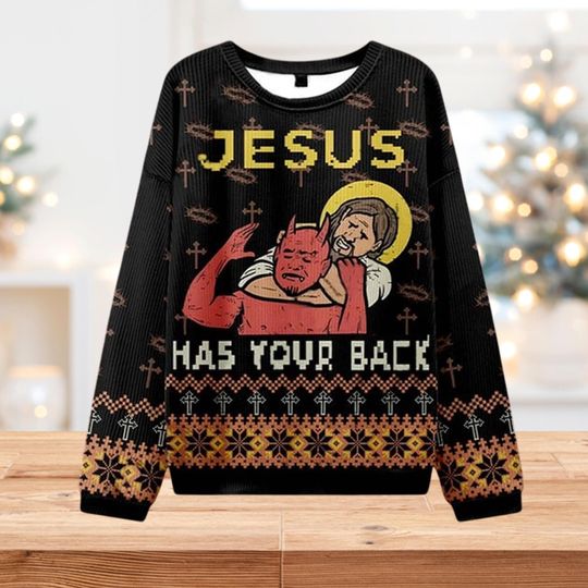 Discover Ugly Christmas Sweater, Jesus Has Your Back Funny Sweatshirt, Christian Christmas Gift, Xmas Holiday Crewneck, Anti-Satan Catholic Jumper