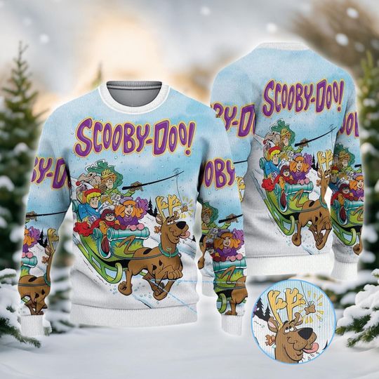 Discover Retro Cartoon Dog Jumper, Ugly Christmas Sweater, Winter Sleigh Ride Pullover, Blue Funny Knitwear, Unisex Holiday Shirt, Animated Xmas Top