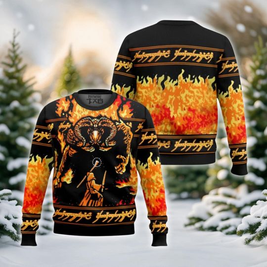 Discover Fire Monster Fantasy Jumper, Ugly Christmas Sweater, Wizard Battle Pullover, Black Orange Knitwear, Unisex Holiday Sweater, Epic Xmas Shirt