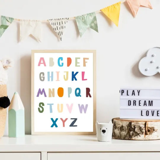 Discover Kids Rainbow Alphabet Print Nursery Playroom Bedroom Cute Scandi print, ABC 257