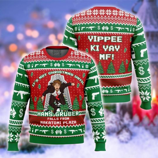 Discover Funny Action Movie Jumper, Green Red Holiday Knit, Unisex Xmas Pullover, Ugly Christmas Sweater, Meme Style Sweater, Festive Party Shirt