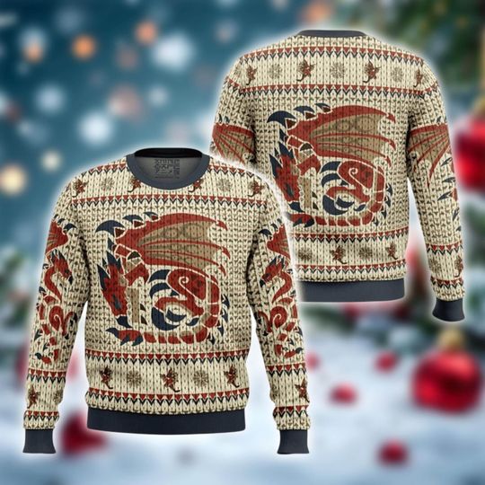 Discover Dragon Knit Holiday Jumper, Medieval Fantasy Pullover, Beige Xmas Shirt, Ugly Christmas Sweater, Unisex Festive Sweater, Cozy Winter Outfit