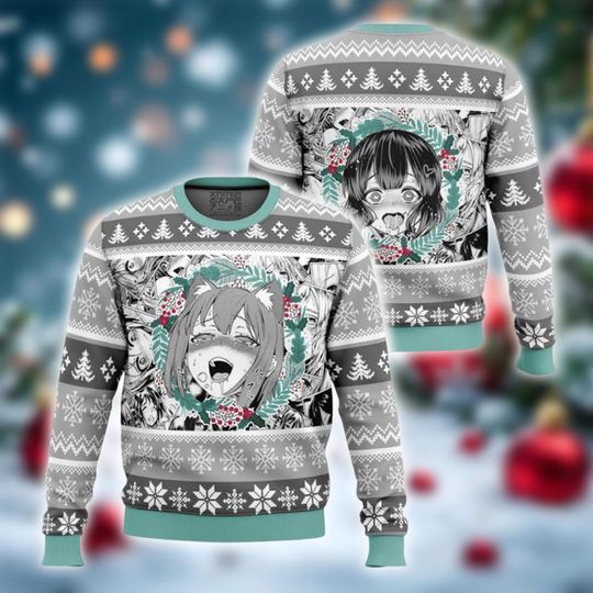 Discover Anime Face Meme Jumper, Funny Holiday Pullover, Grey Otaku Knitwear,Ugly Christmas Sweater,  Unisex Xmas Sweater, Festive Nerdy Outfit