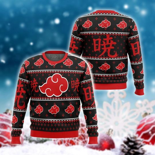 Discover Red Cloud Knit Jumper, Anime Inspired Pullover, Unisex Holiday Sweater, Black Red Xmas Shirt, Ugly Christmas Sweater,Festive Geeky Outfit
