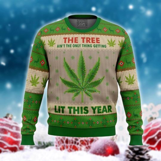 Discover Funny Christmas Sweater, Weed Holiday Pullover, Ugly Xmas Knit, 420 Festive Sweater, Unisex Marijuana Jumper, Lit Christmas Party Shirt