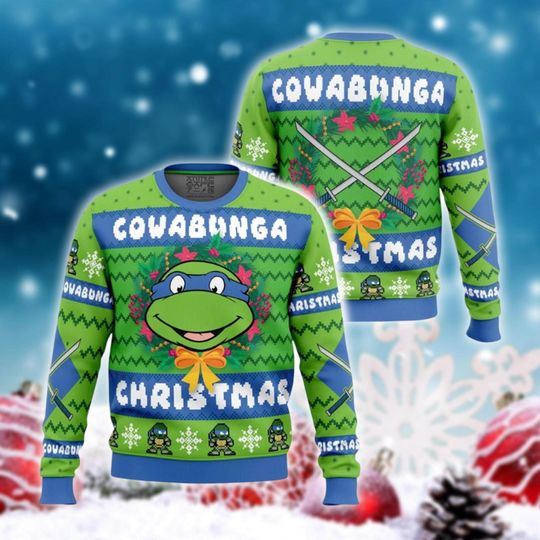 Discover Blue Green Cartoon Jumper, Funny Holiday Pullover, Unisex Xmas Knitwear, Ugly Christmas Sweater, Retro Festive Sweater, Party Outfit