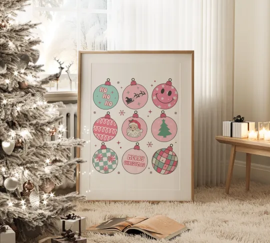 Discover Cute Pink Christmas Baubles Print Wall Art Home Decor Retro Art Xmas Poster 1697