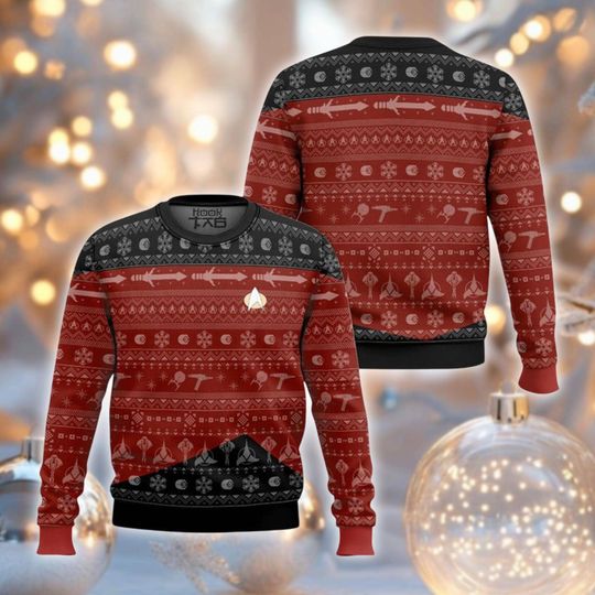 Discover Red Black Sci Fi Jumper, Geeky Xmas Pullover, Unisex Holiday Knitwear, Ugly Christmas Sweater, Retro Festive Sweater, Winter Party Outfit