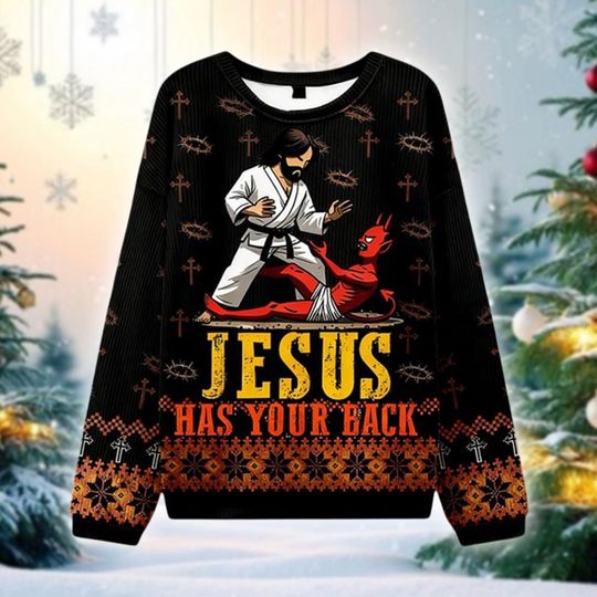 Discover Jesus Has Your Back Ugly Christmas Sweater, Funny Christian Gift, Religious Holiday Sweatshirt, Karate Jesus Xmas Top