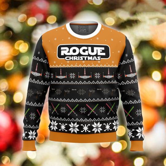 Discover Sci-Fi Rogue Christmas Sweater, Spaceship & Laser Sword Pattern, Movie Fan Xmas, Ugly Holiday, Geeky Gift