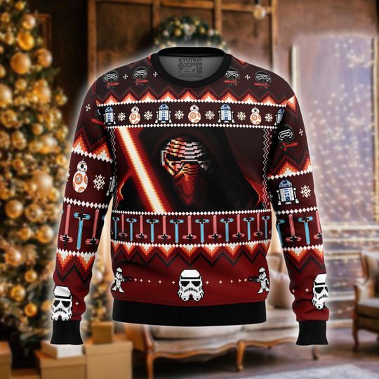 Discover Dark Pixel Warrior Ugly Christmas Sweater, Red Sci-Fi Holiday Jumper, Funny Xmas Sweater for Nerds and Space Lovers