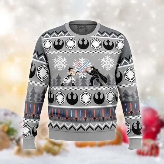 Discover Funny Galaxy Battle Christmas Sweater, Retro Sci-Fi Xmas Jumper, Ugly Holiday Knit Top, Space Warrior Gift, Geek Winter Outfit